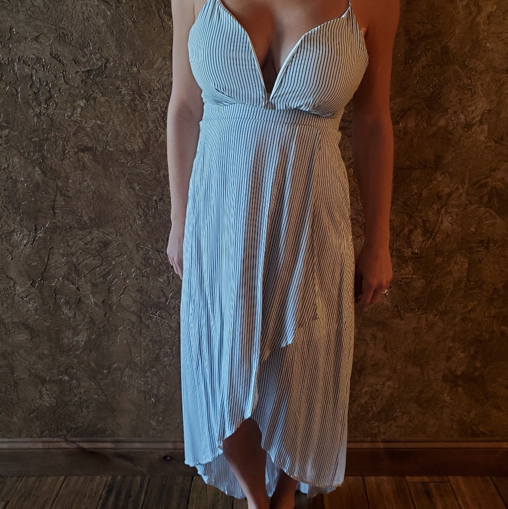 Open back plunging high low dress